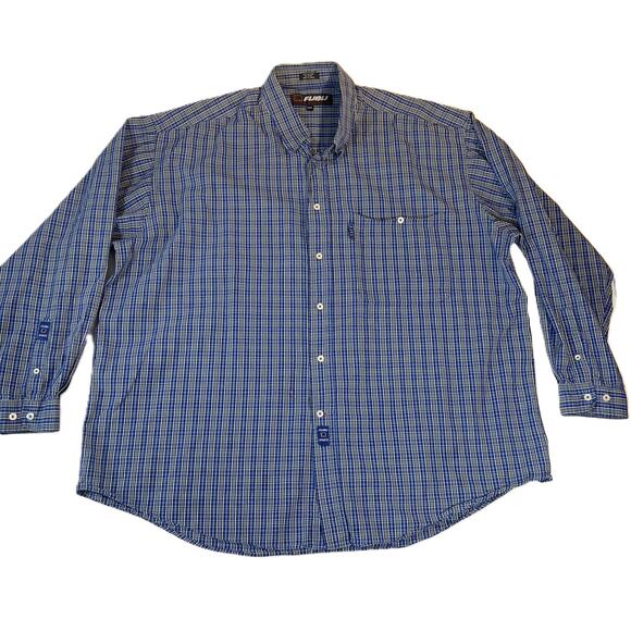 FUBU The Collection Button Down Shirt Men 3XL Blue Yellow Plaid BIG Size Vintage - Picture 1 of 12